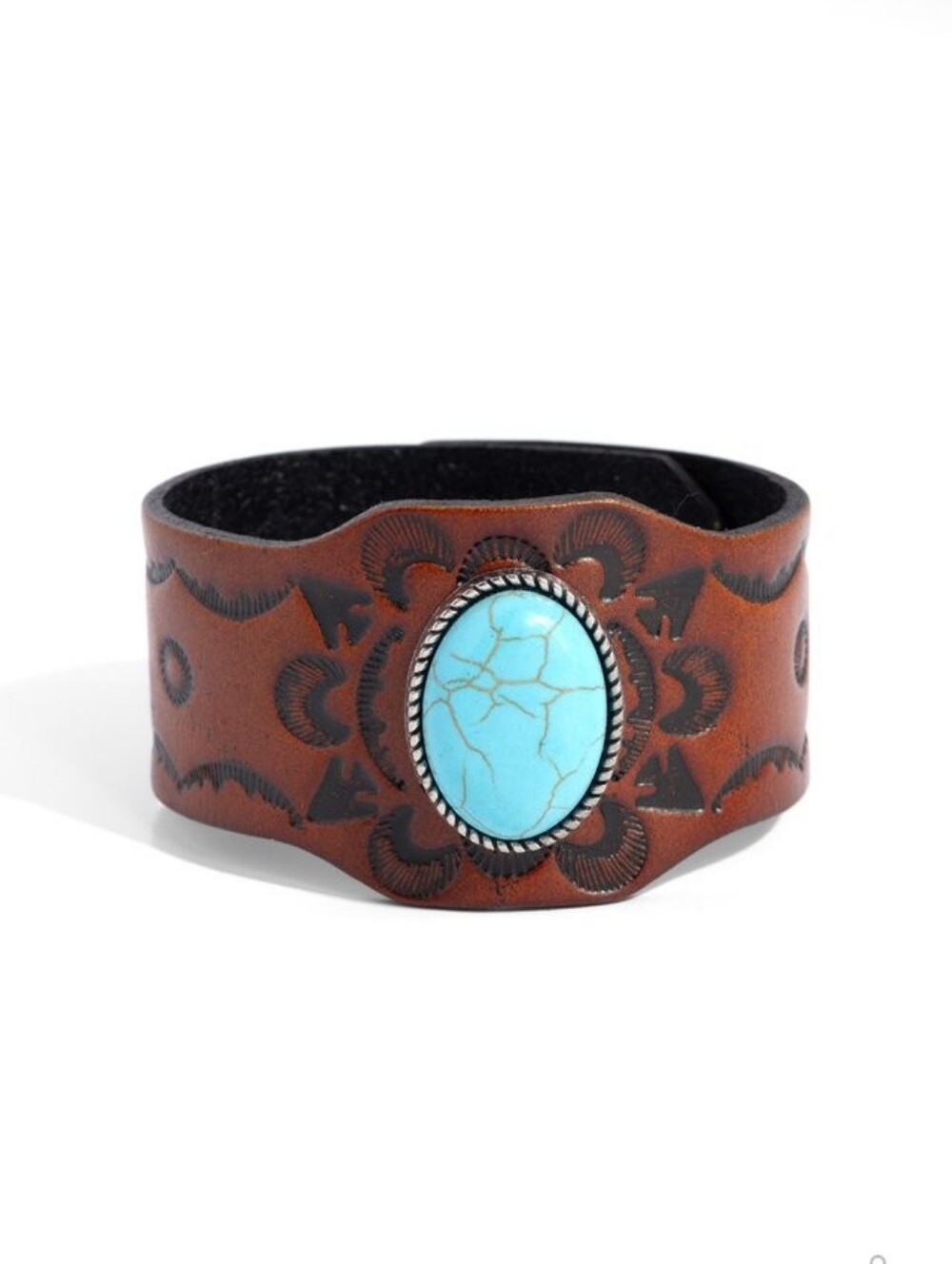 paparazzi Brown Leather Cuff Belt with Turquoise Stone